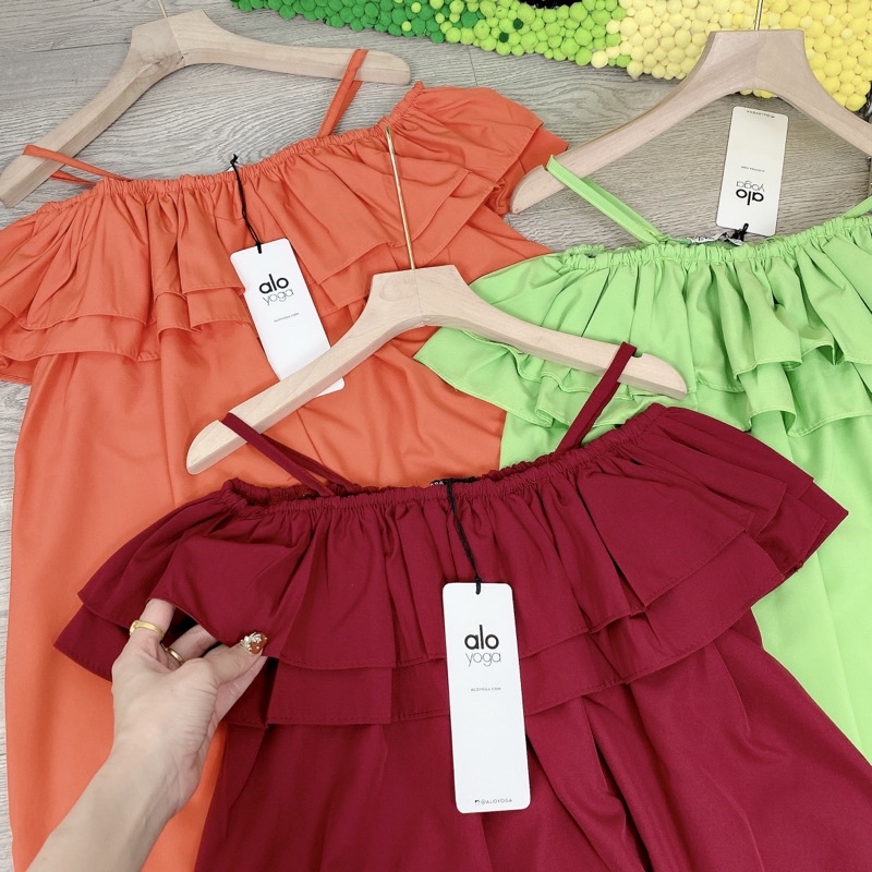 Váy maxi trễ vai 2 dây cánh tiên ngang vai chun bèo dáng dài babydoll suông thụng xoè bệt vai