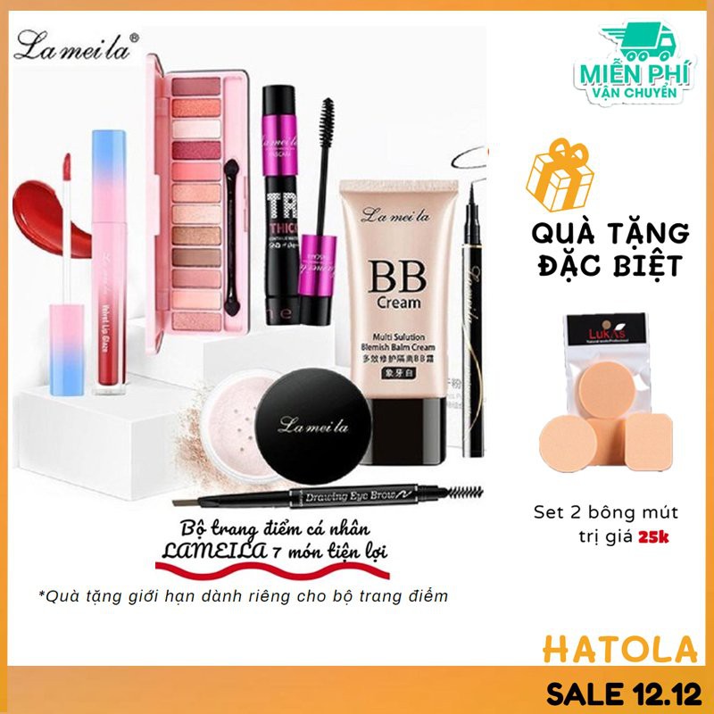 Bộ trang điểm đầy đủ LAMEILA 7 món Kem BB, Phấn phủ, Phấn mắt, Mascara, Chì kẻ mày, Kẻ mắt, Son kem Hatola