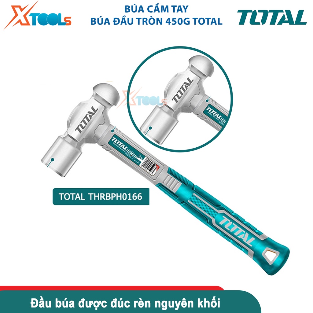 Búa đầu tròn 450g Total THRBPH0166, đầu búa nguyên khối chịu nhiệt, thép cacbon 45#, tay cầm 2 màu [CHÍNH HÃNG][XTOOLS]