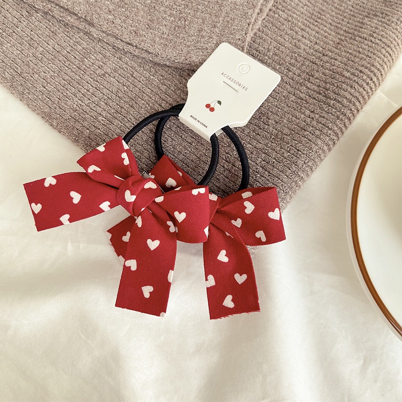 Bộ 2 dây buộc tóc đính nơ màu đỏ đơn giản phong cách Hàn Quốc
