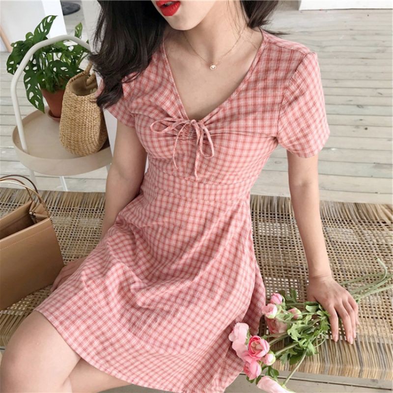 Váy đầm xoè kẻ rút dây ngực eo thắt dây Quảng Châu