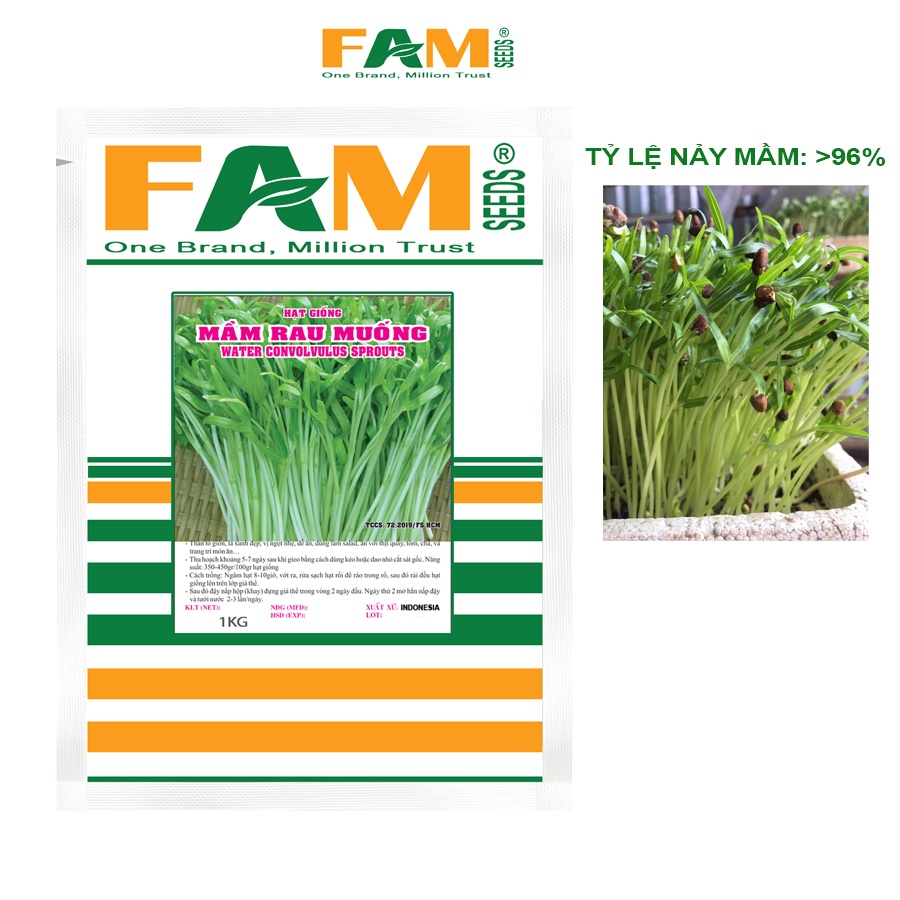 Gói 1Kg Hạt Giống Rau Mầm Rau Muống FAM SEEDS Xuất Xứ Indonesia - Nảy Mầm Khỏe, Năng Suất Cao, Mầm Mập Xanh, Giòn, Ngọt