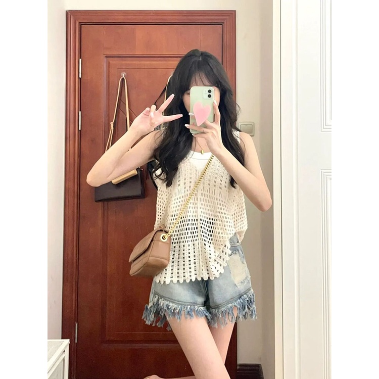 Porozi  Trang phục  áo len dệt kim/ áo hai dây không tay dáng rộng phong cách retro thời trang Hàn Quốc cho nữ