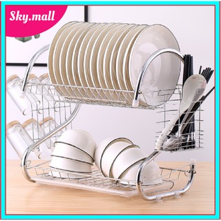 Giá để bát đũa 2 tầng, Kệ để bát đũa inox hai tầng có chỗ để cốc