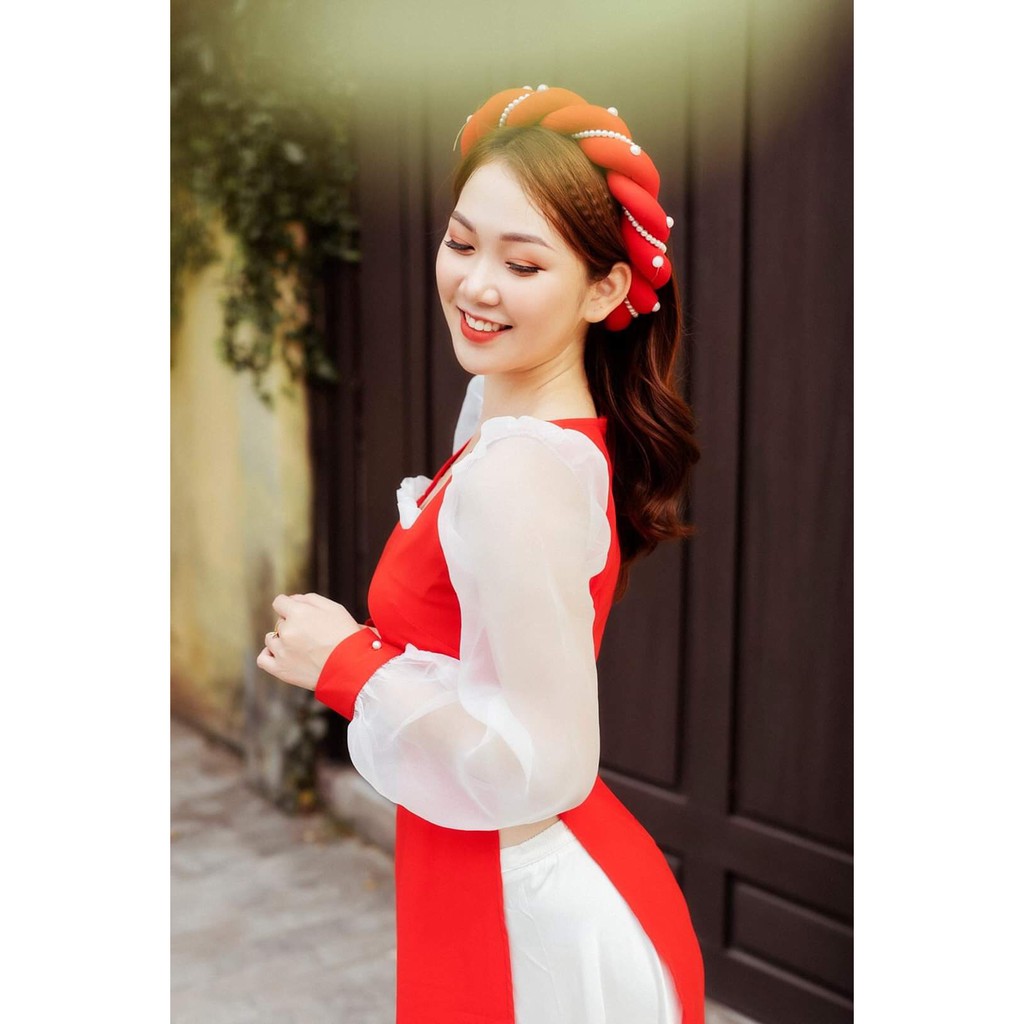 Áo dài nữ thiết kế 🌸FREESHIP🌸Áo đỏ phối tay voan điệu đà