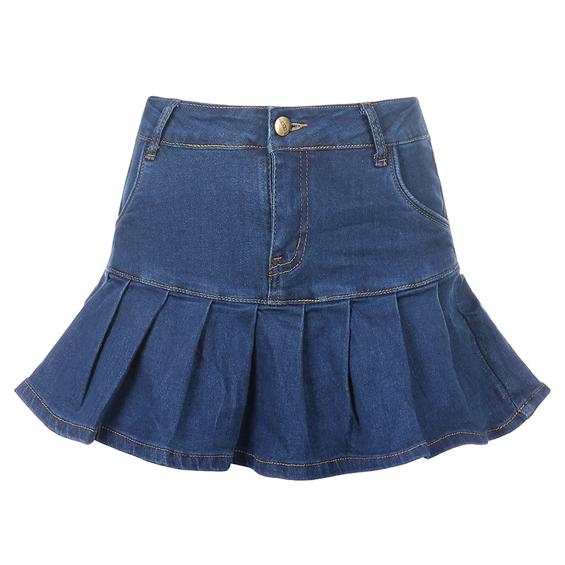 Ins Hot Women High Waist Plain Casual Street Denim Pleated Skirt | BigBuy360 - bigbuy360.vn