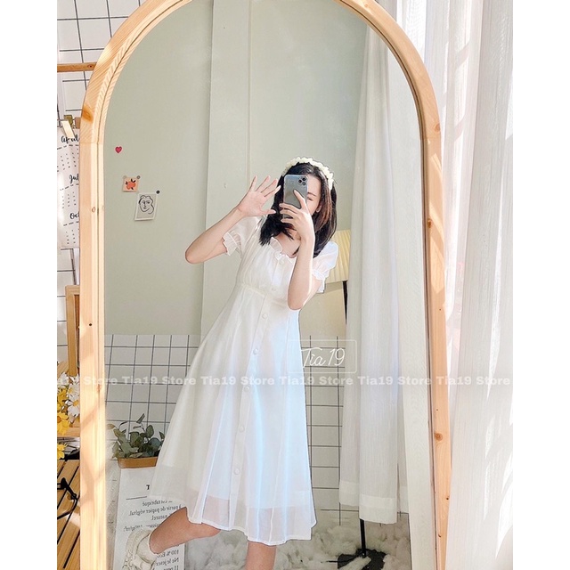 Váy trắng babydoll cúc dáng xoè ulzzang Tia19. Đầm cổ vuông tiểu thư trễ vai dự tiệc voan (Ảnh Thật) | BigBuy360 - bigbuy360.vn