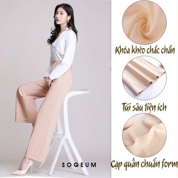 Quần vải nữ ống rộng, quần ống suông lưng cao khóa sườn thời trang, ảnh thật shop chụp
