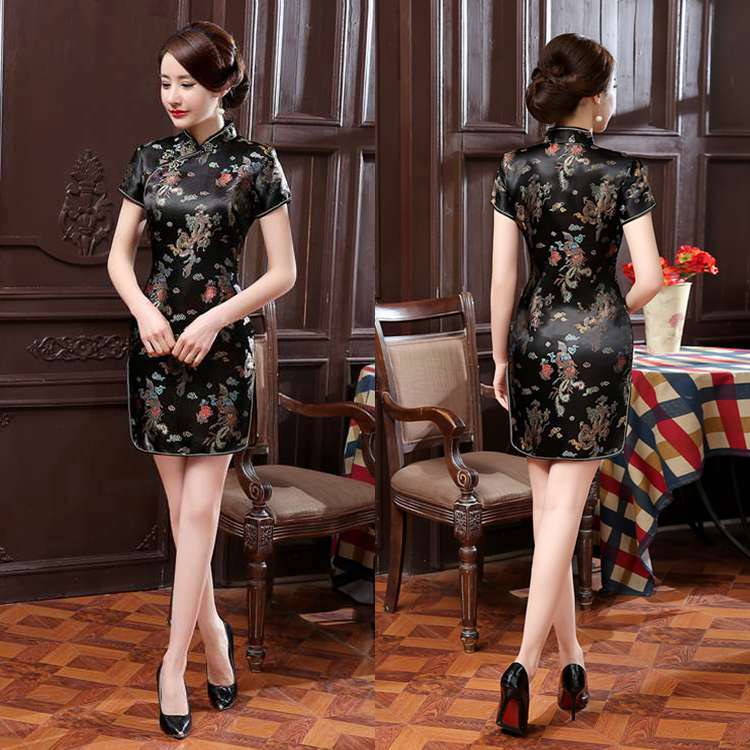 S-6XL Plus Size Đen Sườn Xám Nữ Vintage Satin Sườn Xám Mùa Hè Gợi Cảm Ngắn Sườn Xám