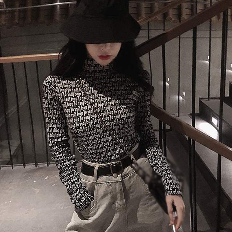 Áo Thun Dài Tay Cổ Lọ In Chữ Đơn Giản Dành Cho Nữ