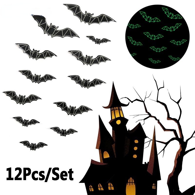 Bộ 12 Đề Can Dán Cửa Sổ / Cửa Ra Vào Họa Tiết Dơi 3D Màu Đen Dạ Quang Chống Thấm Nước Có Thể Tháo Rời