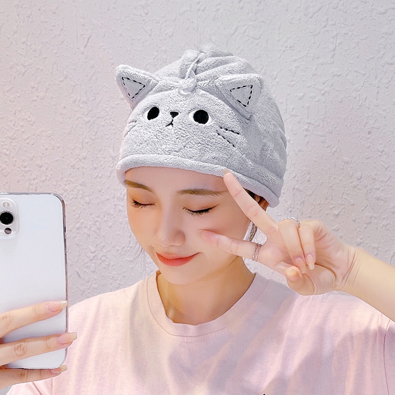 Khăn quấn tóc, mũ trùm đầu thấm nước làm khô tóc hình con mèo