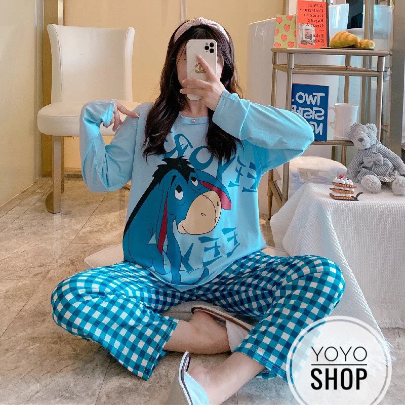 Đồ bộ thun tay dài Quảng Châu, pijama quần dài, đồ mặc ở nhà họa tiết hoạt hình dễ thương thun mềm mịn YoYo | BigBuy360 - bigbuy360.vn