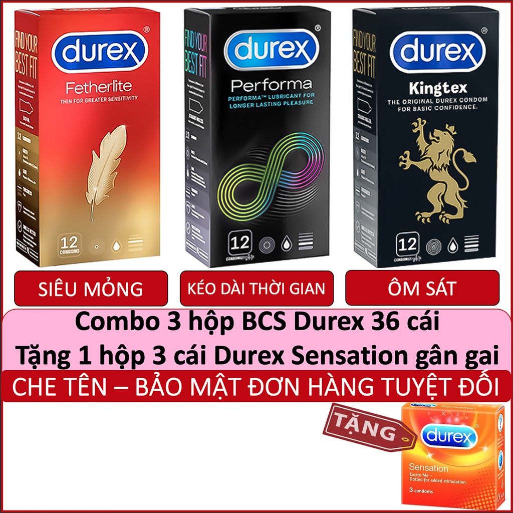 [DEAL HOT] COMBO 3 Hộp 36 Cái Bao Cao Su Durex + Tặng 1 Hộp 3 cái Gai LI Ti Durex Sensation