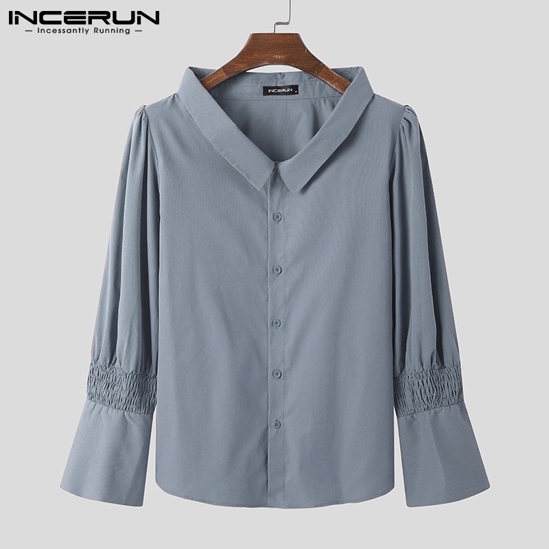 Áo sơ mi nam INCERUN tay dài phồng dáng rộng cài nút màu trơn thời trang vintage