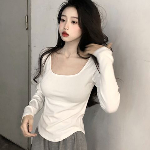 Áo Thun Thể Thao Tay Dài Cổ Vuông Ôm Eo Chất Liệu Cotton Thoáng Khí Thời Trang Mùa Hè 0928