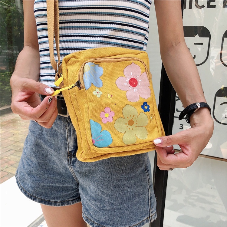 Túi đeo chéo nhỏ mini vải canvas hoa màu sắc ulzzang