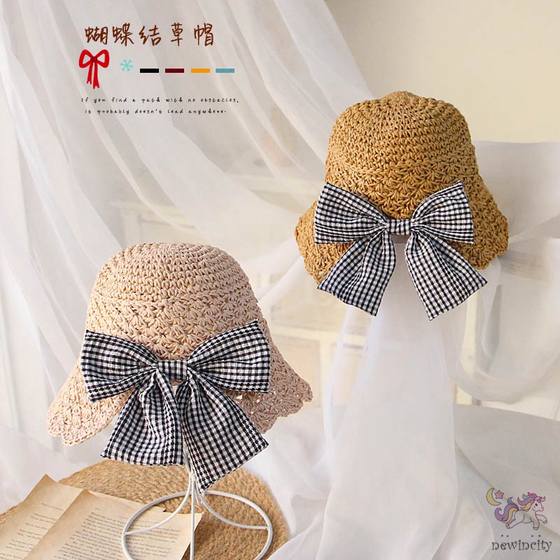 Mũ Cói Thắt Nơ Kẻ Sọc Caro Đáng Yêu Cho Bé Gái