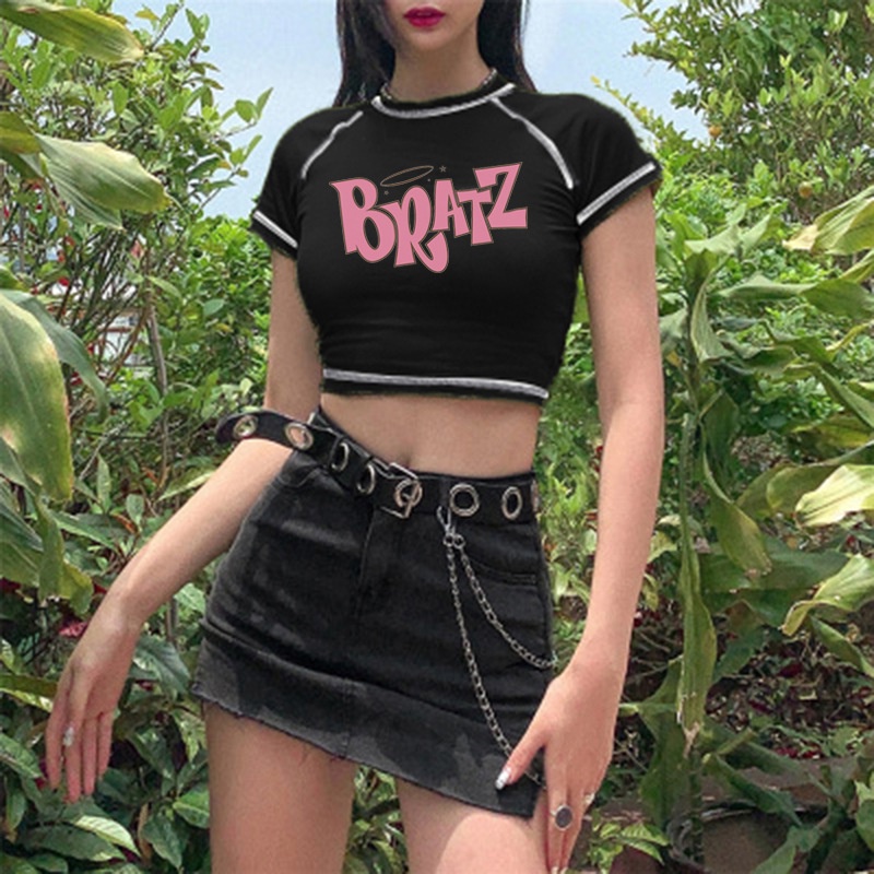 Y2k Vintage Áo Thun Phố goth Bông Tai Kẹp Đen Nữ Tay Áo BRATZ In roupas femininas