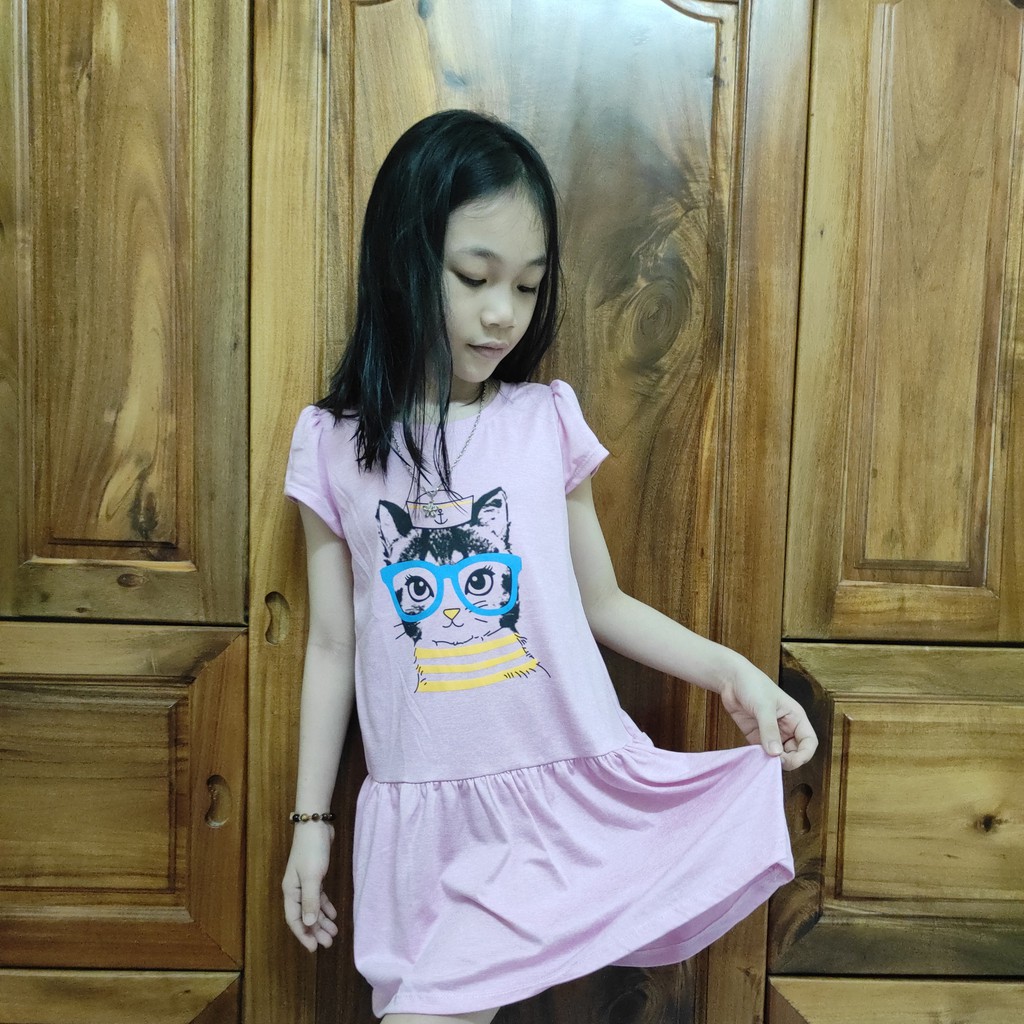 Đầm Thun Chất Thun Cotton Mịn Mát In Hình Mèo Cá Tính Cho Bé Từ 1 Đến 8 Tuổi - Nhiều màu Dexi Shop
