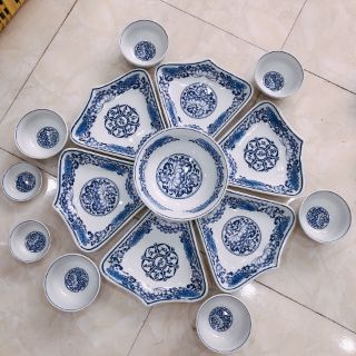 Bộ đĩa bát hoa mặt trời men lam