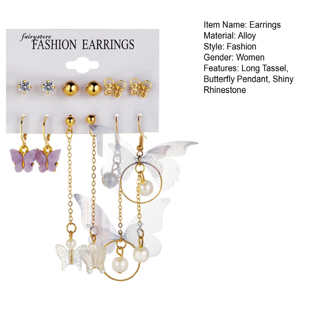 Fairystore| Set 6 Cặp Bông Tai Hình Bướm Đính Ngọc Trai Giả Thời Trang Nữ