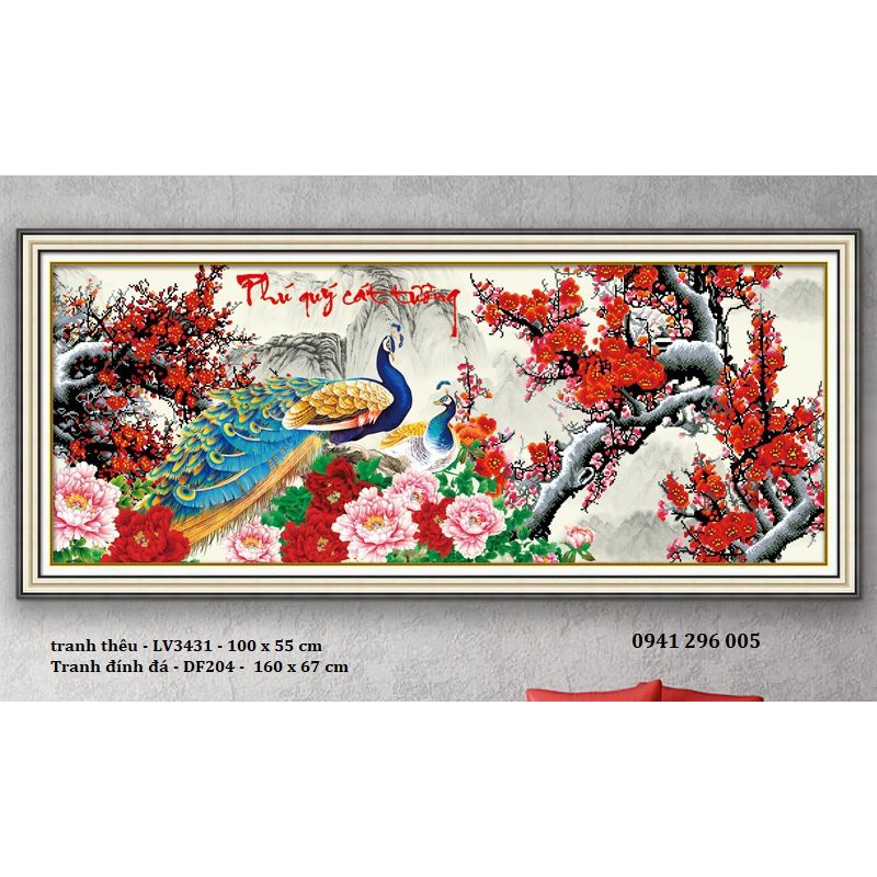 Tranh thêu phú quý cát tường KT:110x50cm,tranh chưa thêu.Tặng kéo và xỏ chỉ.