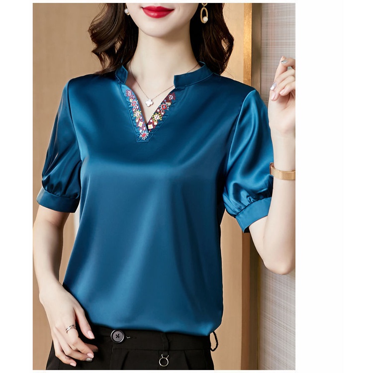 Áo Sơ Mi Voan satin Ngắn Tay Cổ Chữ V Màu Sắc Thanh Lịch Thời Trang Cho Phụ Nữ Trung Niên