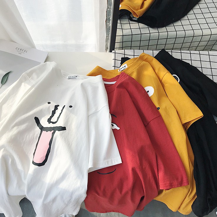 NUZIRO Áo thun  ngắn tay in họa tiết hoạt hình 4 màu lựa chọn phong cách Hàn Quốc vui nhộn