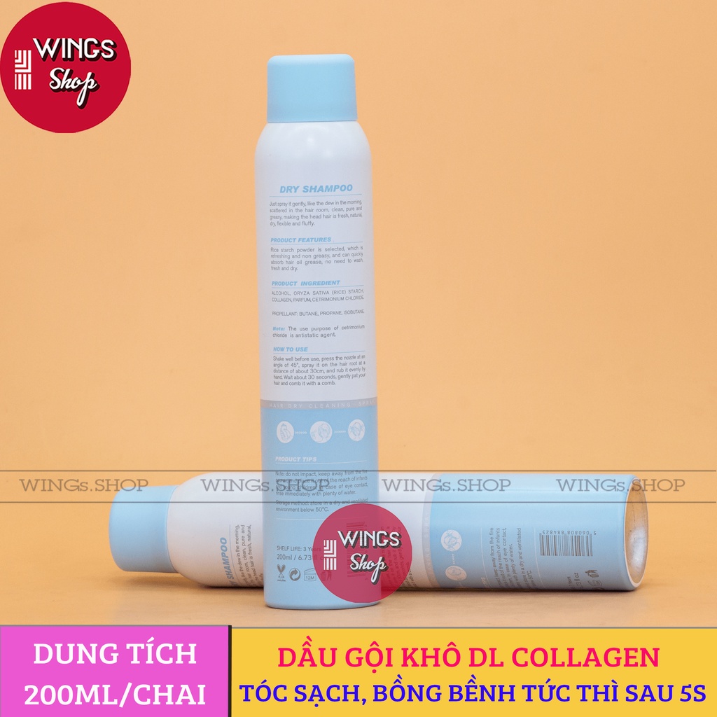Dầu gội khô DL Collagen 200ml Dưỡng tóc mềm mượt, tóc sạch bồng bềnh, vào nếp sau 5 giây | Wings Shop
