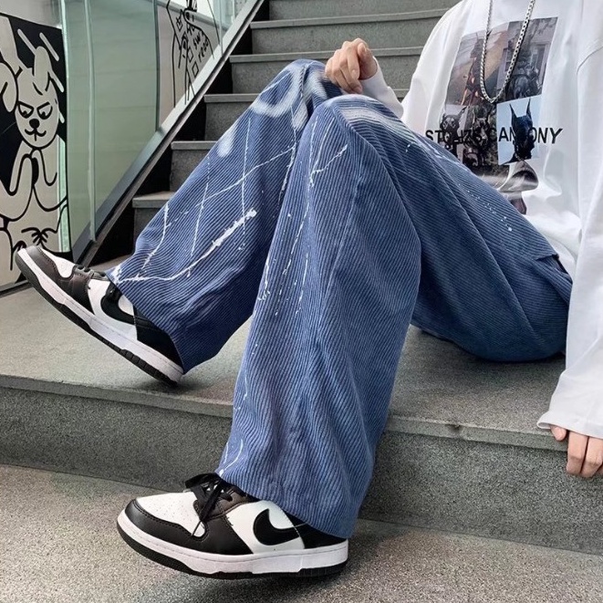 Quần dài dáng rộng ống suông phong cách đường phố Mỹ cá tính cho nam quần jean nam in chữ Quần tây nam sọc thời trang phong cách hàn quốc