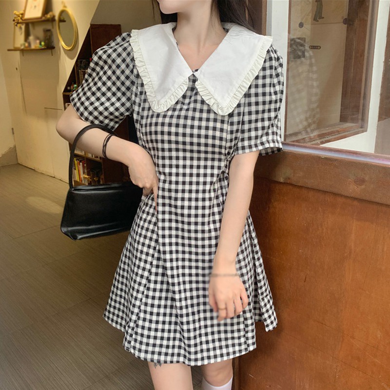 Đầm Tay Ngắn Cổ Búp Bê Họa Tiết Sọc Caro Phong Cách Hàn Quốc Thời Trang Mùa Hè Xinh Xắn