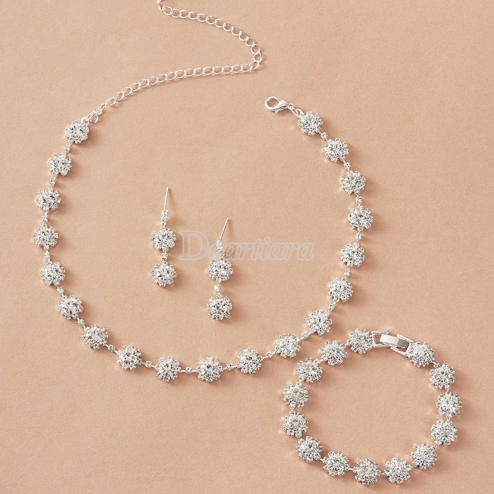 Bộ Trang Sức 3 Món Họa Tiết Hoa Đính Kim Cương Nhân Tạo Thời Trang