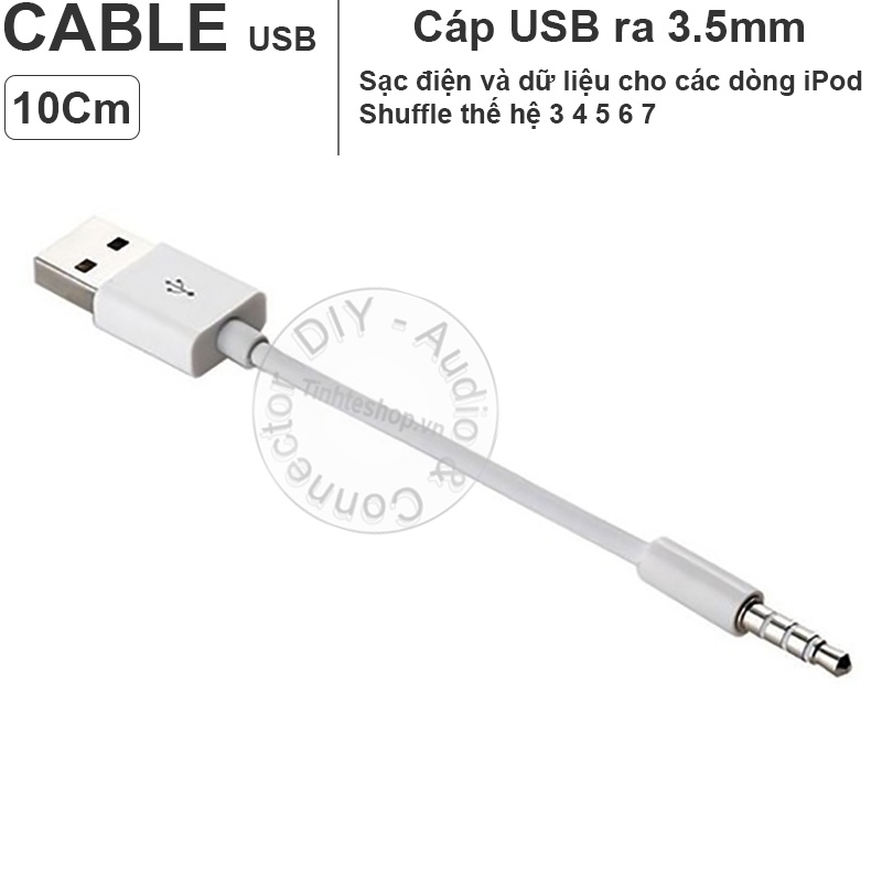 Cáp chuyển USB sang cổng 3.5mm sạc và truyền dữ liệu cho iPod Shuffle thế hệ 3 4 5 6 7 Gen MP3 11Cm (màu trắng)