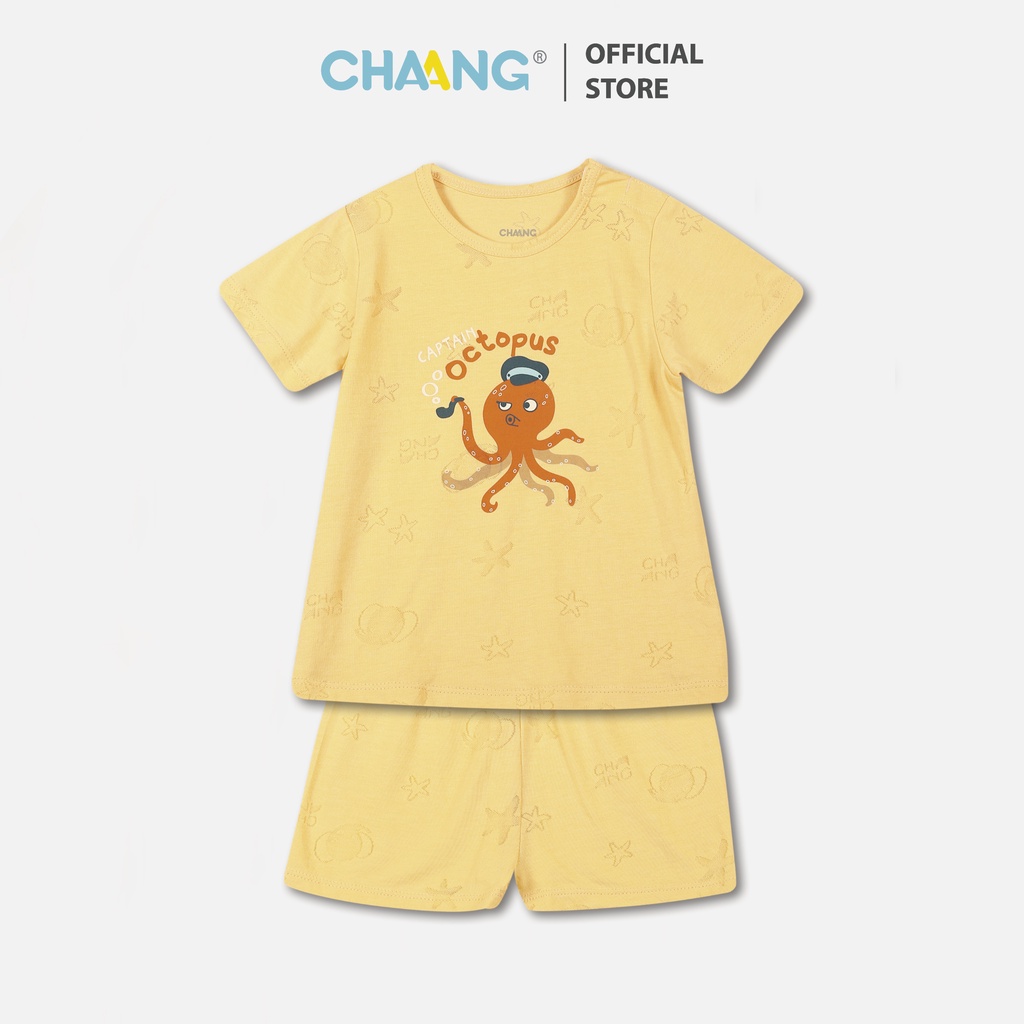 [CHAANG] Bộ quần áo cộc cúc vai Sea vân chìm nâu sữa cho bé