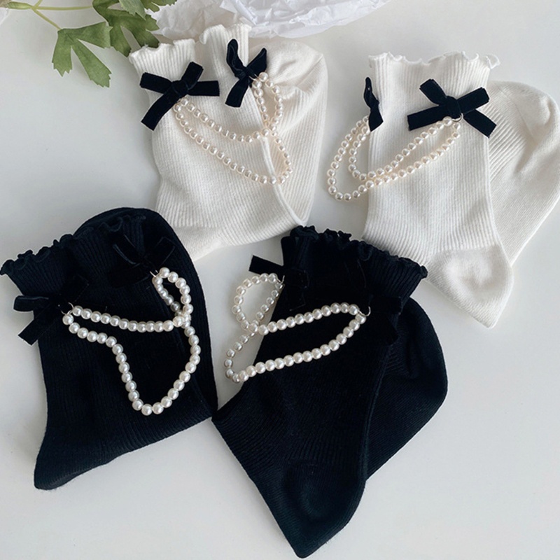 Vớ dệt kim nhung gân ngắn tới mắt cá viền bèo đính nơ phối dây ngọc trai giả phong cách Nhật Bản Gothic Lolita Vintage