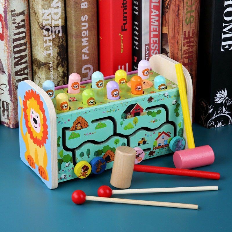 Bộ Đồ Chơi Gỗ 3 In 1 Đập Chuột Hình Sư Tử Kèm Đàn Kết Hợp Xoay Bánh Răng 360 Độ