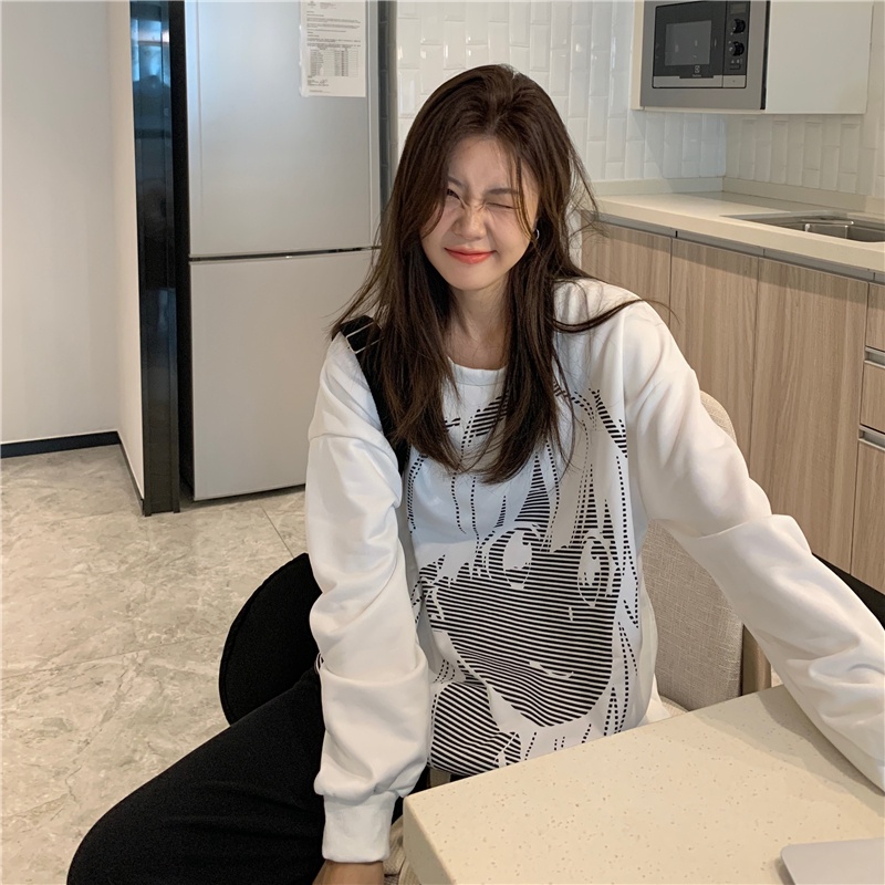 SUXI Áo Sweater Thể Thao Tay Dài Dáng Rộng In Họa Tiết Trẻ Trung Phong Cách Hàn Quốc Hợp Thời Trang Cho Bạn Gái