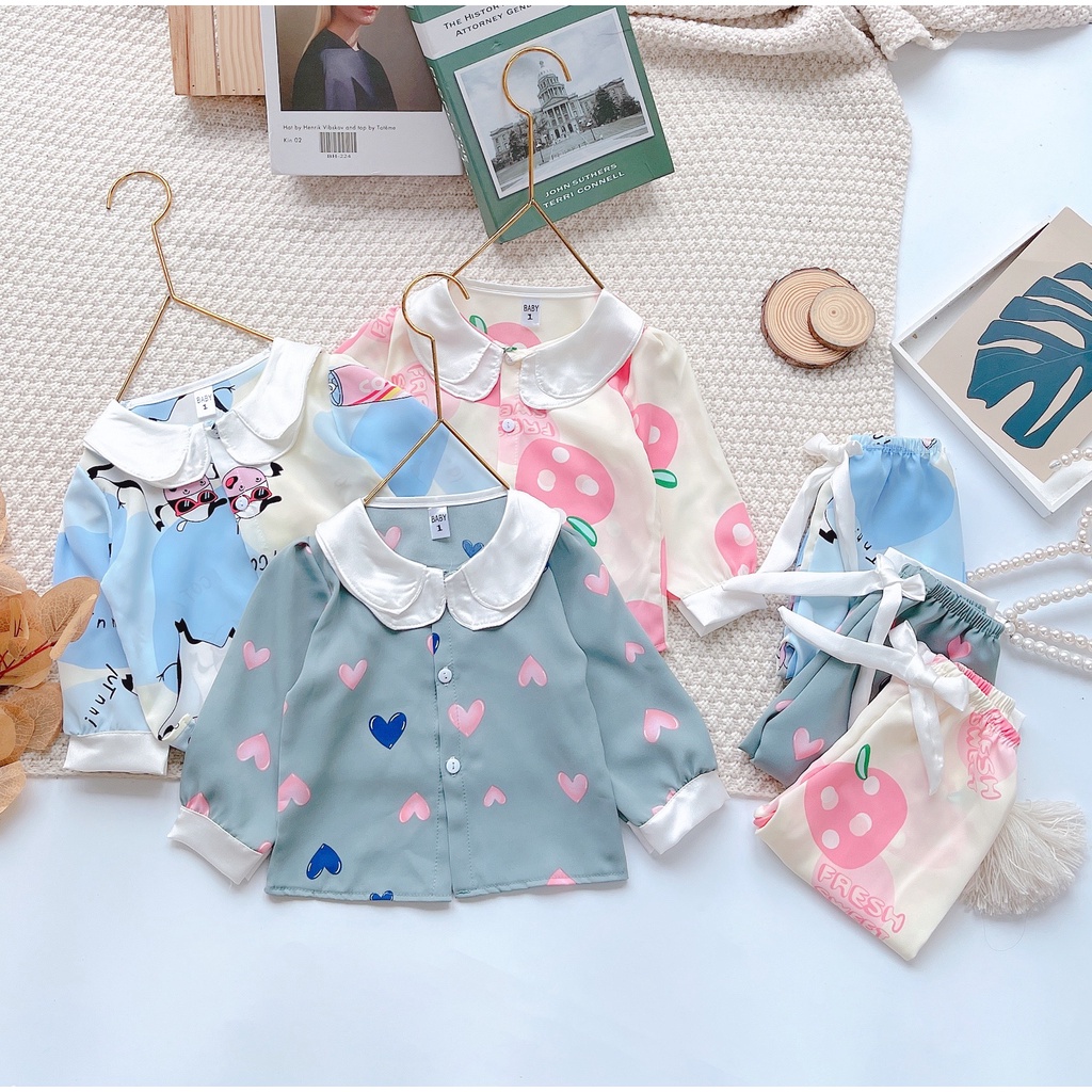 Bộ Đồ Ngủ Pijama Bé Gái - Set Quần Áo Trẻ Em Mặc Nhà Lụa Cao Cấp Nhiều Màu Dài Tay Họa Tiết Dễ Thương