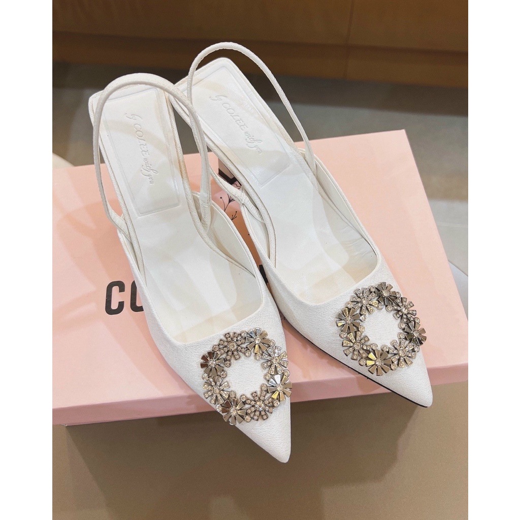 Giày cao gót nữ 5p kiểu dáng sandal slingback nơ hoa đá sang trọng GUUEM - GCL124