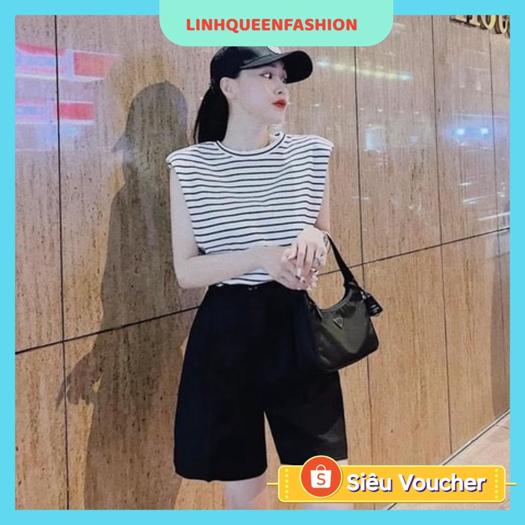 Set kẻ 3 món áo tay sơi quần short kèm mũ chữ C siêu cá tín 01