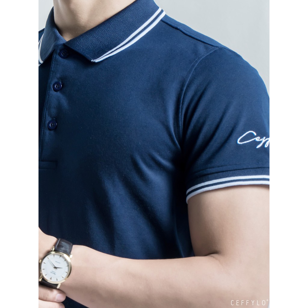 Áo Polo tay thêu chữ Xanh Navy vải Cotton mềm mịn CEFFYLO