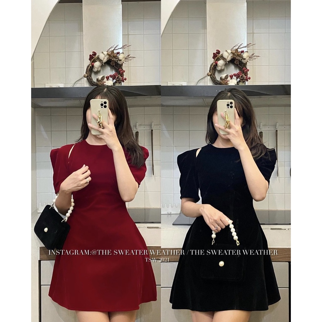 [Ảnh thật/Sẵn] Đầm - Váy nhung tay bồng khoét vai dáng A siêu xinh
