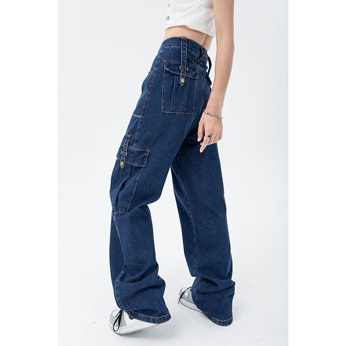 Quần Yếm Jean Lưng Cao Ống Rộng Thời Trang Retro Mỹ Cá Tính