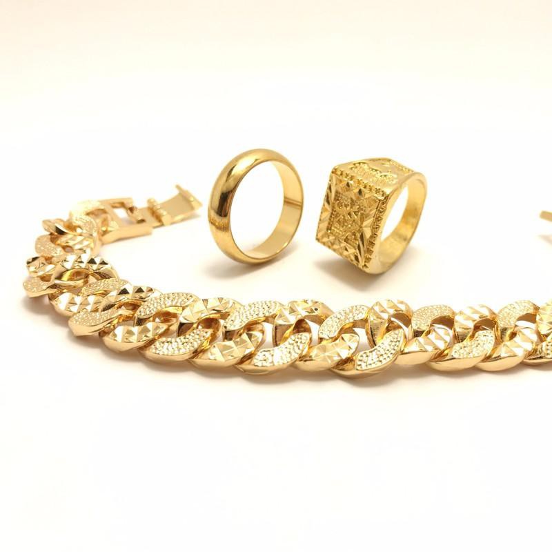 Bộ trang sức nam mạ vàng 24k gồm ( Lắc tay - Nhẫn phát lộc - Nhẫn 5 chỉ ) không phai mầu