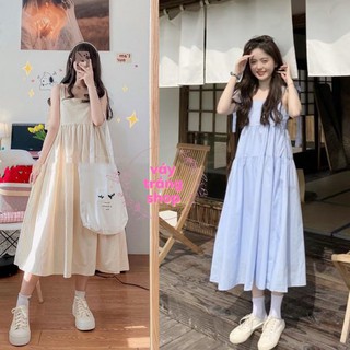 Váy hai dây bản to vai thắt nơ chất thô mát 4 màu xanh, trắng, đen, be phong cách ulzzang Váy Trắng Shop