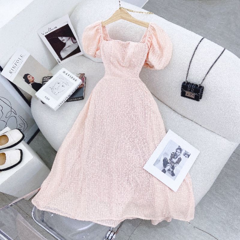 Đầm maxi xòe tay ngắn phồng hở lưng cột dây, váy dự tiệc xanh đan lông nhũ - MT95