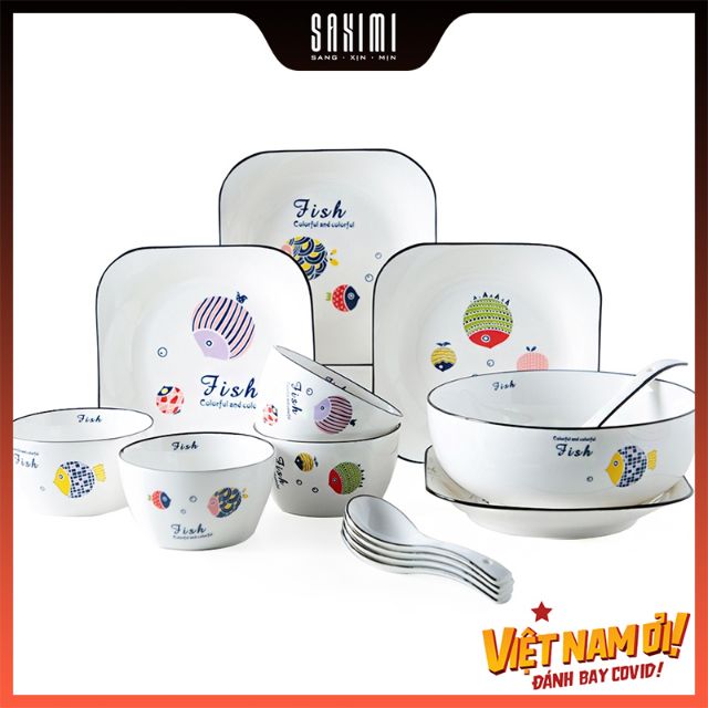 Set bát gốm THE FISH họa tiết Nhật Bản (hàng nhập khẩu cao cấp, nhiều set)