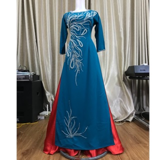 Áo dài đính ren💥freeship💥áo đính kết pha lê màu xanh cổ vịt