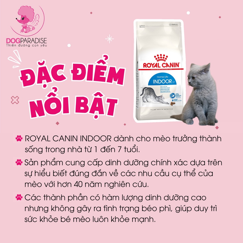 Thức ăn cho mèo Royal Canin Cat Indoor trưởng thành hỗ trợ hệ tiêu hóa túi 400g/2kg - Dog Paradise